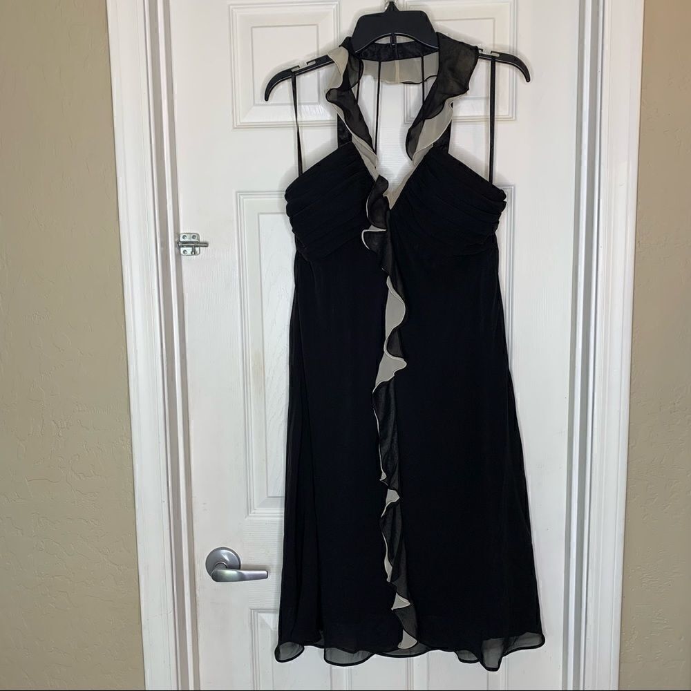 Dressbarn Collection Black Chiffon Midi Halter Ruffle V Neck Dress Size 16